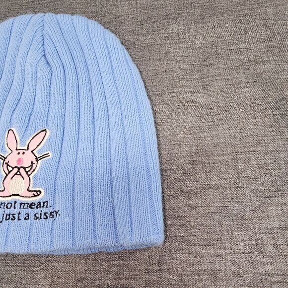 Jim Benton Happy Bunny Beanie Blue Knit “You're Just a Sissy” Acrylic Hat - Picture 3 of 11